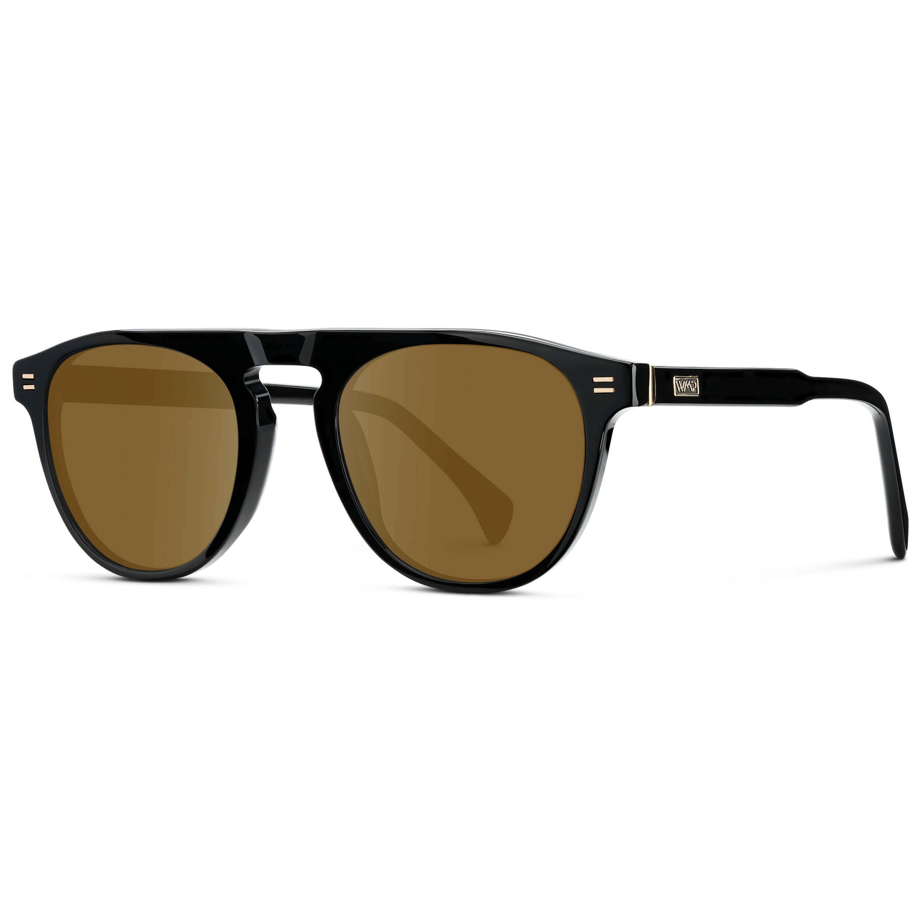 Black / Amber || Men's Rounded Aviator-Inspired Prescription Sunglasses with Black Acetate Frame and Brown Prescription Lens