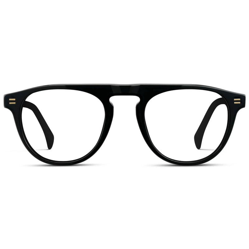 Black || Men's Rounded Aviator-Inspired Prescription Eyeglasses with Black Acetate Frame and Clear Lens on a white background