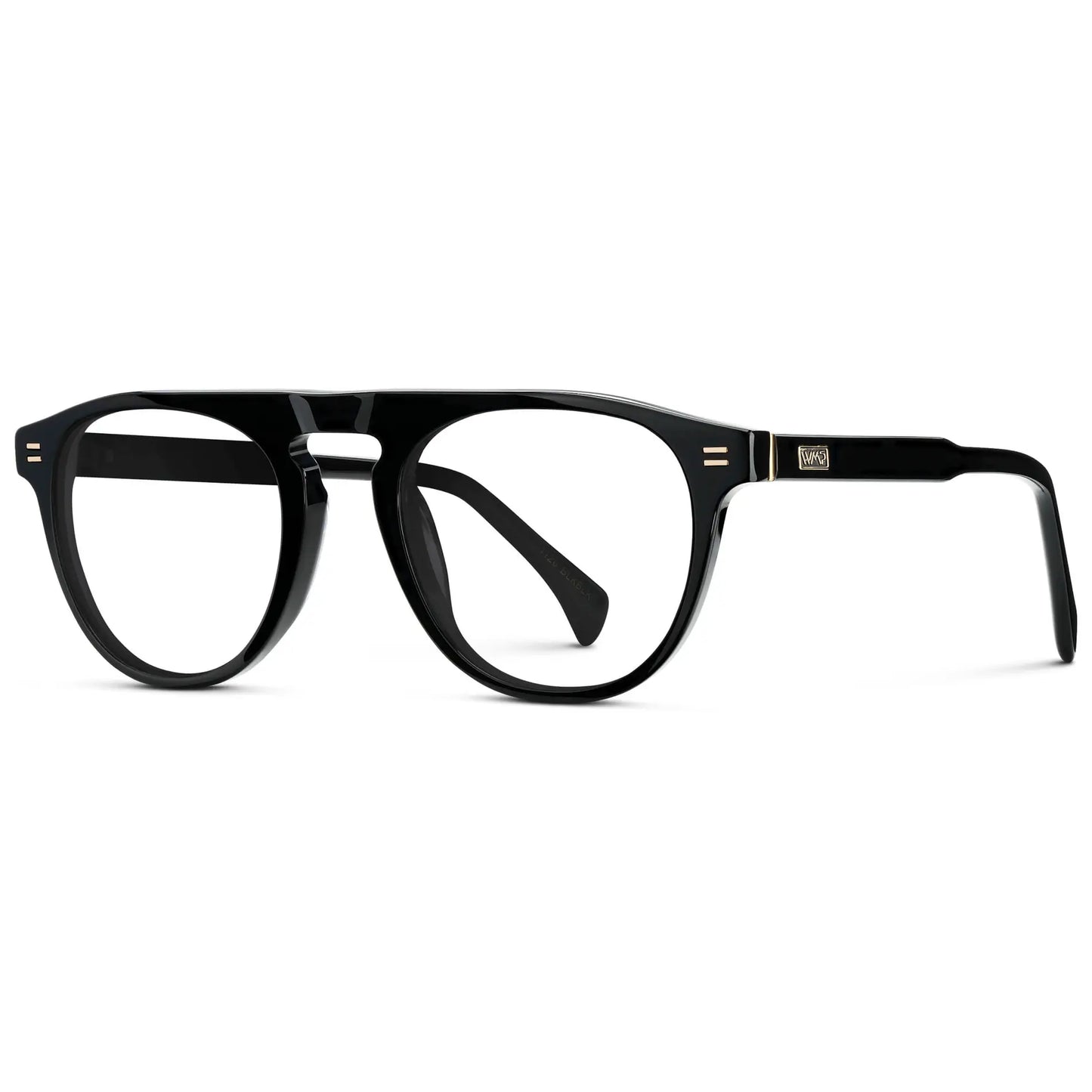 Black || Side view of Men's Rounded Aviator-Inspired Prescription Eyeglasses with Black Acetate Frame and Clear Lens on a white background