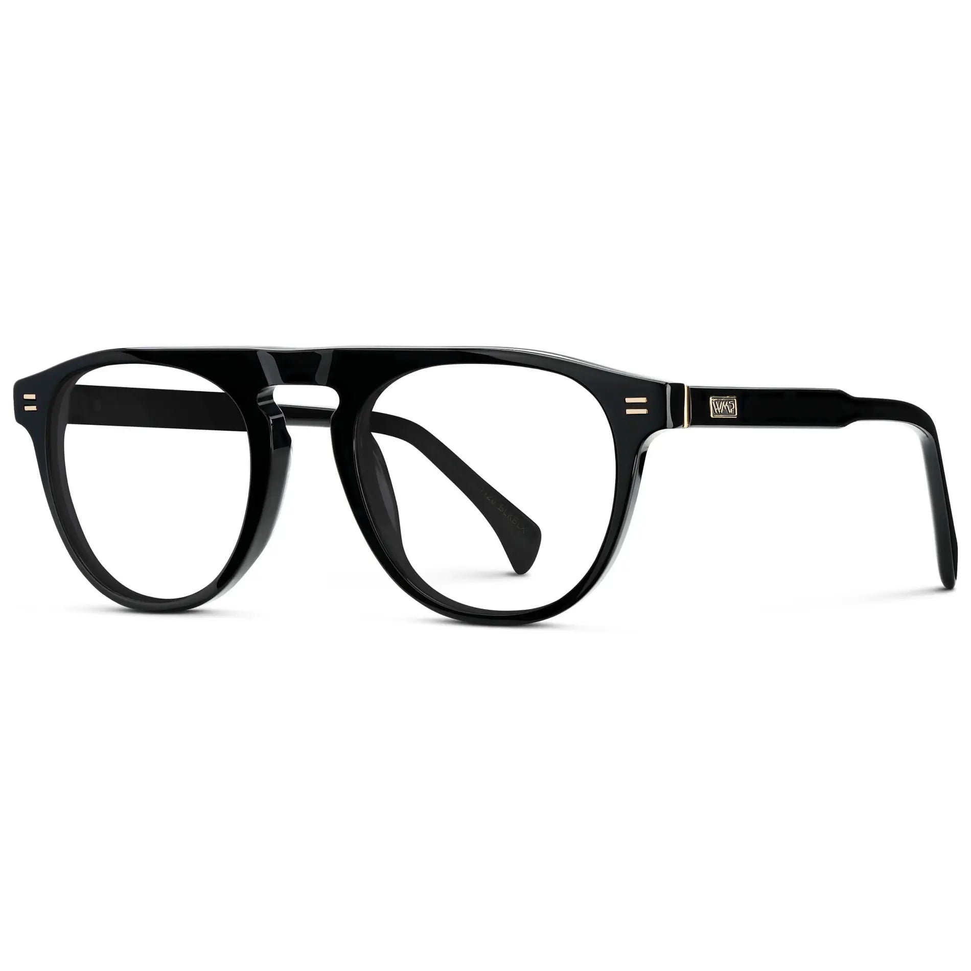 Black || Side view of Men's Rounded Aviator-Inspired Prescription Eyeglasses with Black Acetate Frame and Clear Lens on a white background