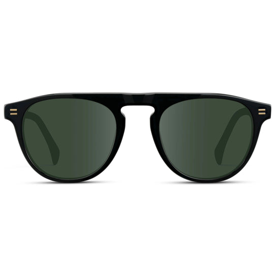 Black / G15 || Men's Rounded Aviator-Inspired Prescription Sunglasses with Black Acetate Frame and Green Prescription Lens