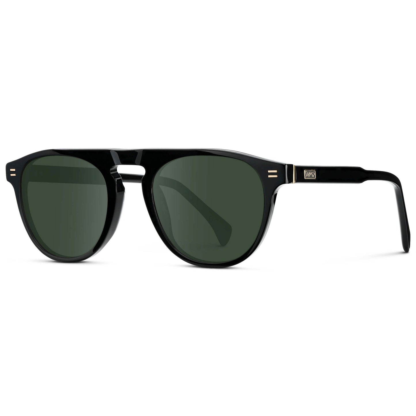 Black / G15 || Men's Rounded Aviator-Inspired Prescription Sunglasses with Black Acetate Frame and Green Prescription Lens