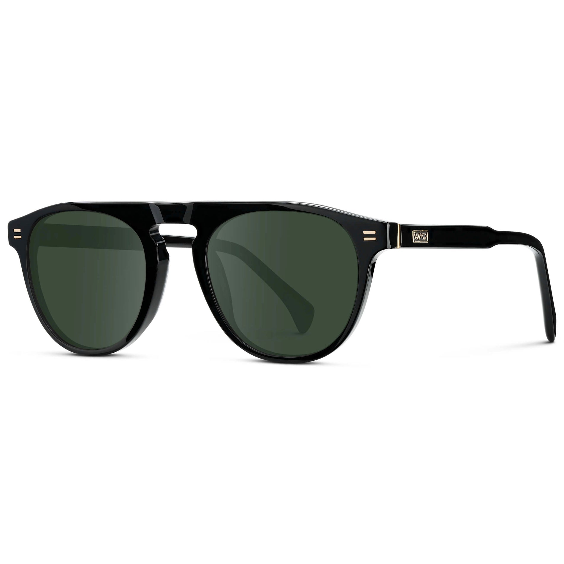 Black / G15 || Men's Rounded Aviator-Inspired Prescription Sunglasses with Black Acetate Frame and Green Prescription Lens