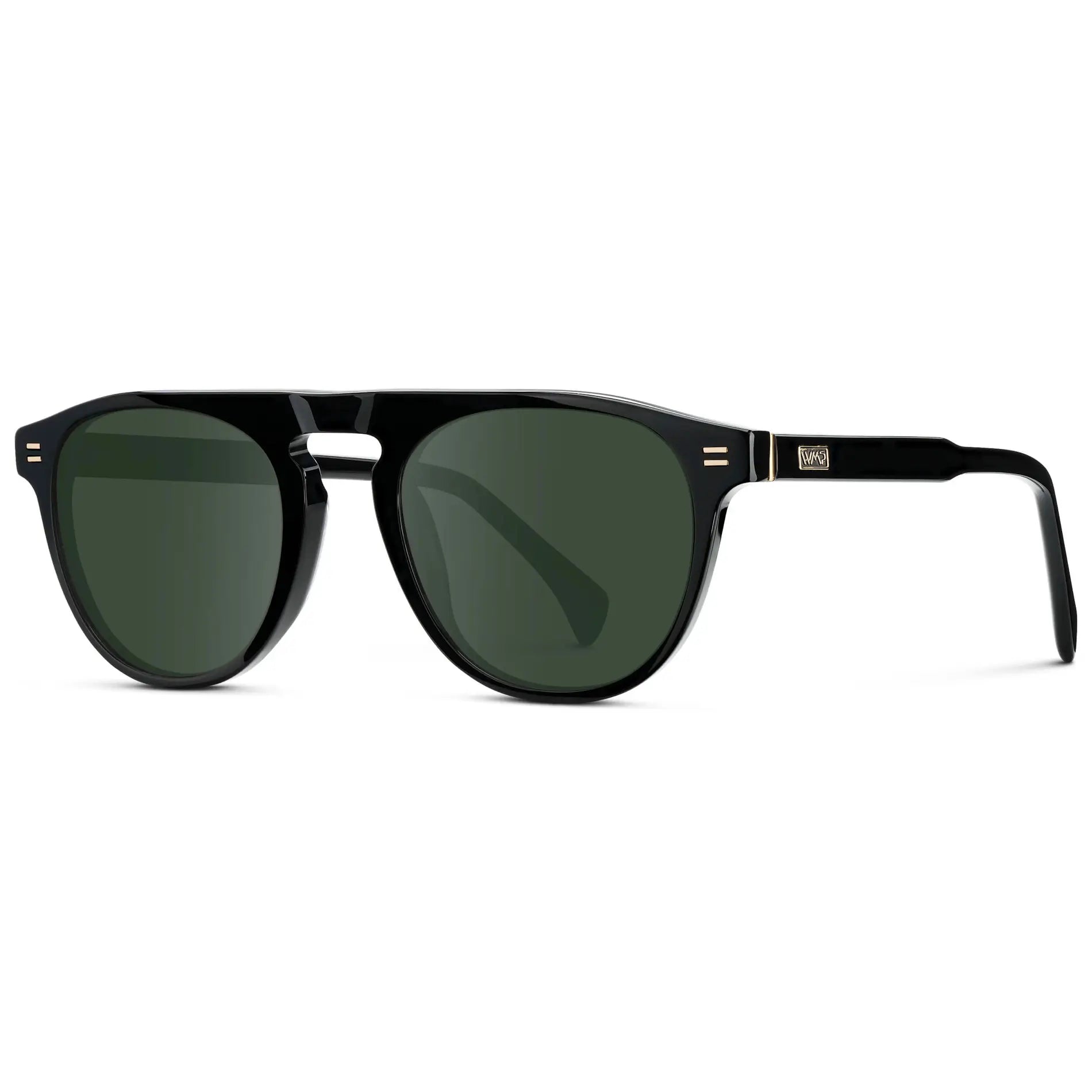 Black / G15 || Men's Rounded Aviator-Inspired Prescription Sunglasses with Black Acetate Frame and Green Prescription Lens