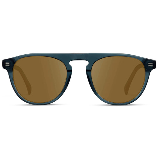 Crystal Steel Blue / Amber || Men's Rounded Aviator-Inspired Prescription Sunglasses with Crystal Steel Blue Acetate Frame and Brown Prescription Lens