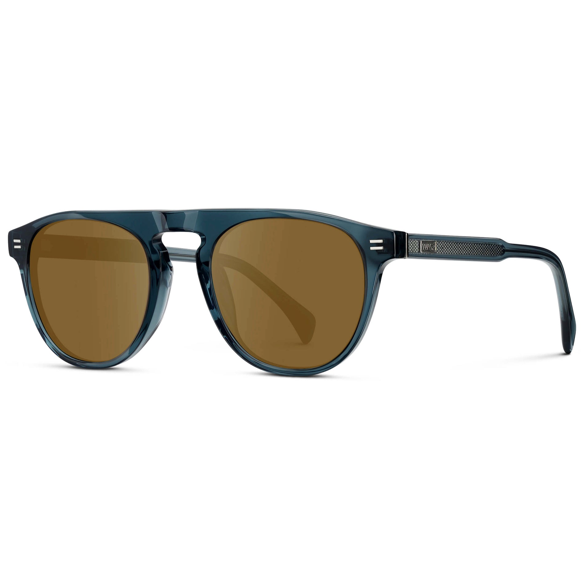 Crystal Steel Blue / Amber || Men's Rounded Aviator-Inspired Prescription Sunglasses with Crystal Steel Blue Acetate Frame and Brown Prescription Lens