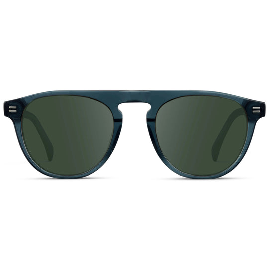 Crystal Steel Blue / G15 || Men's Rounded Aviator-Inspired Prescription Sunglasses with Crystal Steel Blue Acetate Frame and Green Prescription Lens