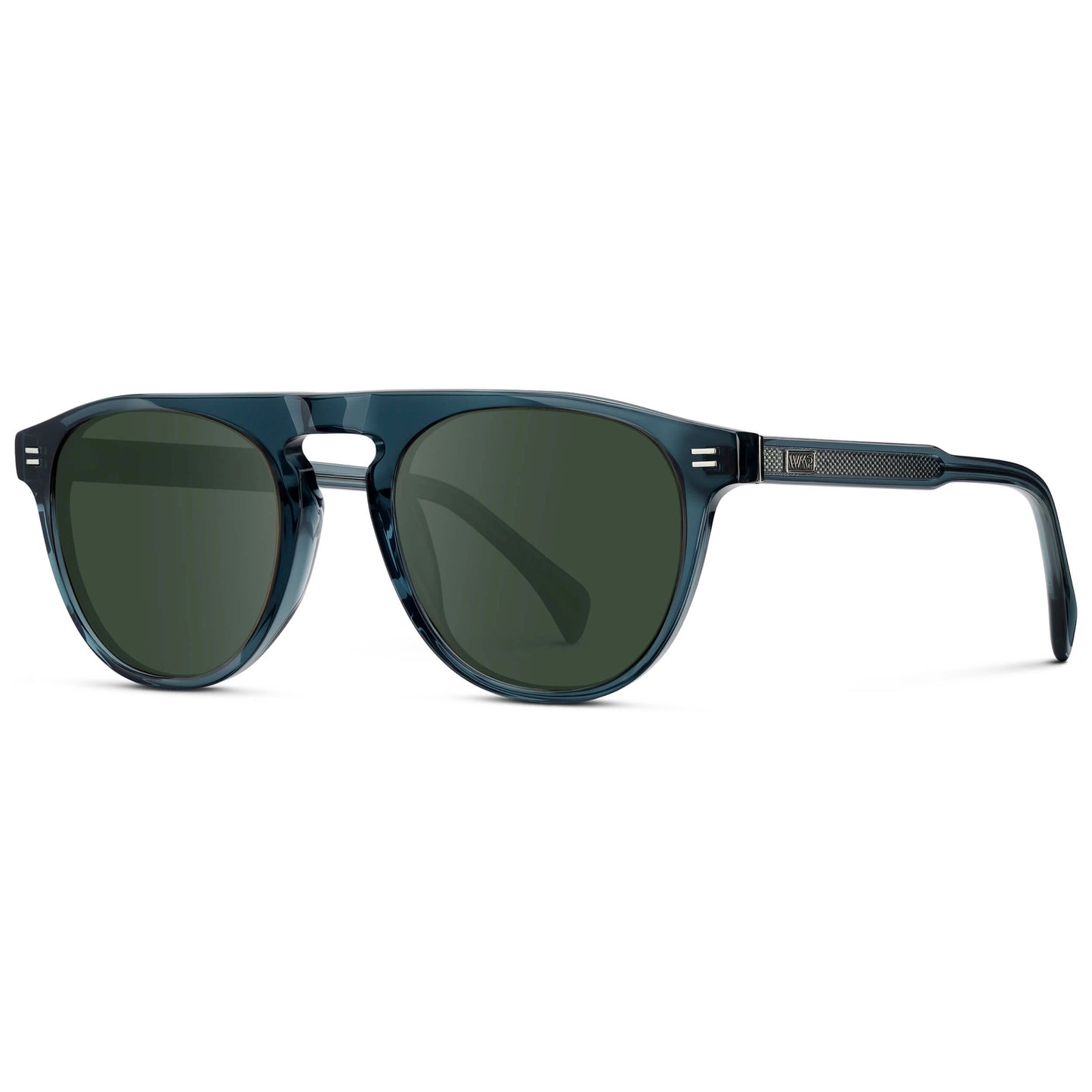 Crystal Steel Blue / G15 || Men's Rounded Aviator-Inspired Prescription Sunglasses with Crystal Steel Blue Acetate Frame and Green Prescription Lens