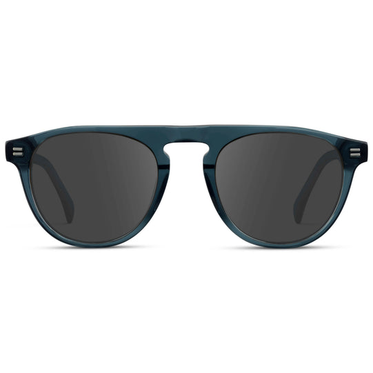 Crystal Steel Blue / Grey || Men's Rounded Aviator-Inspired Prescription Sunglasses with Crystal Steel Blue Acetate Frame and Grey Prescription Lens