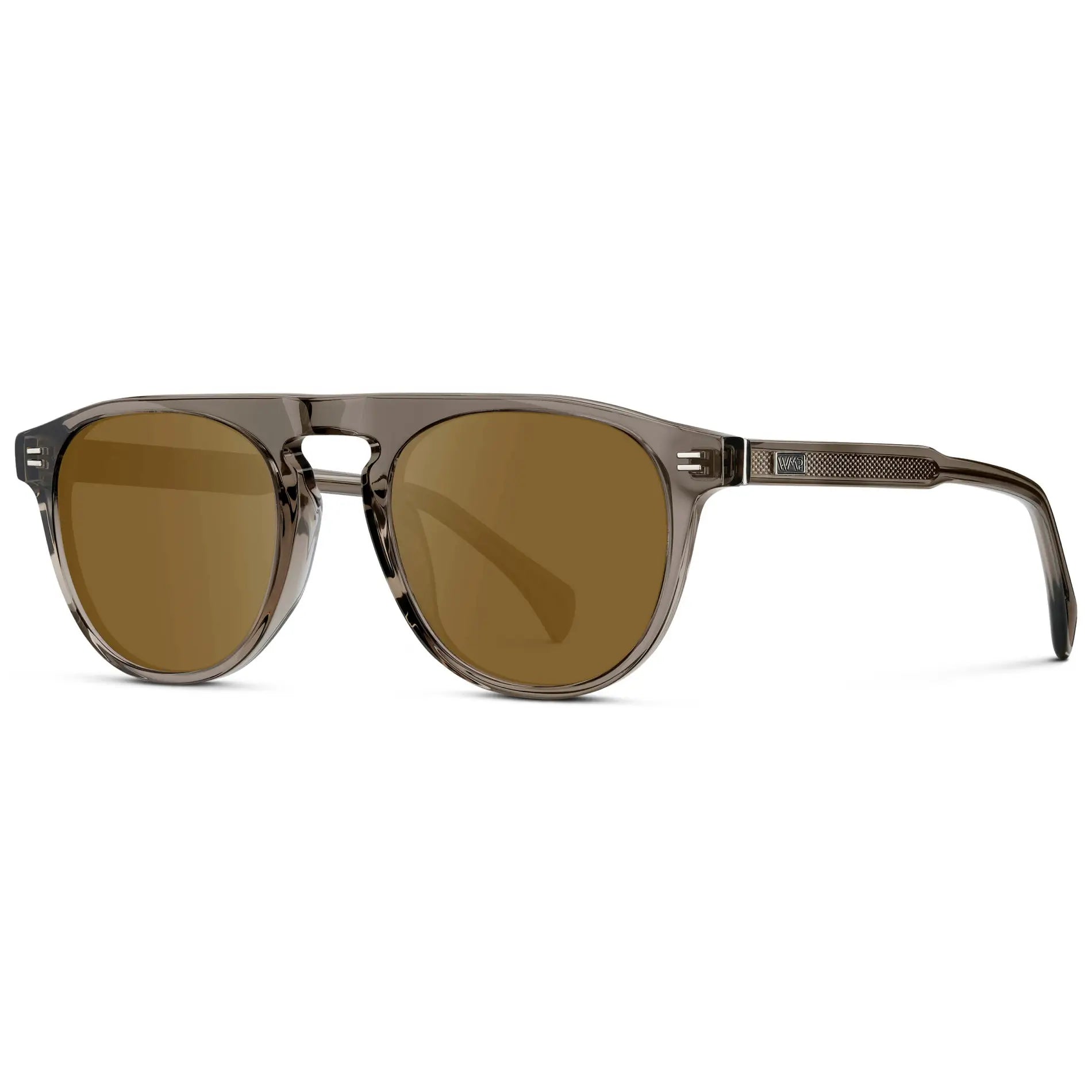 Crystal Gunmetal / Amber || Men's Rounded Aviator-Inspired Prescription Sunglasses with Crystal Gunmetal Acetate Frame and Brown Prescription Lens