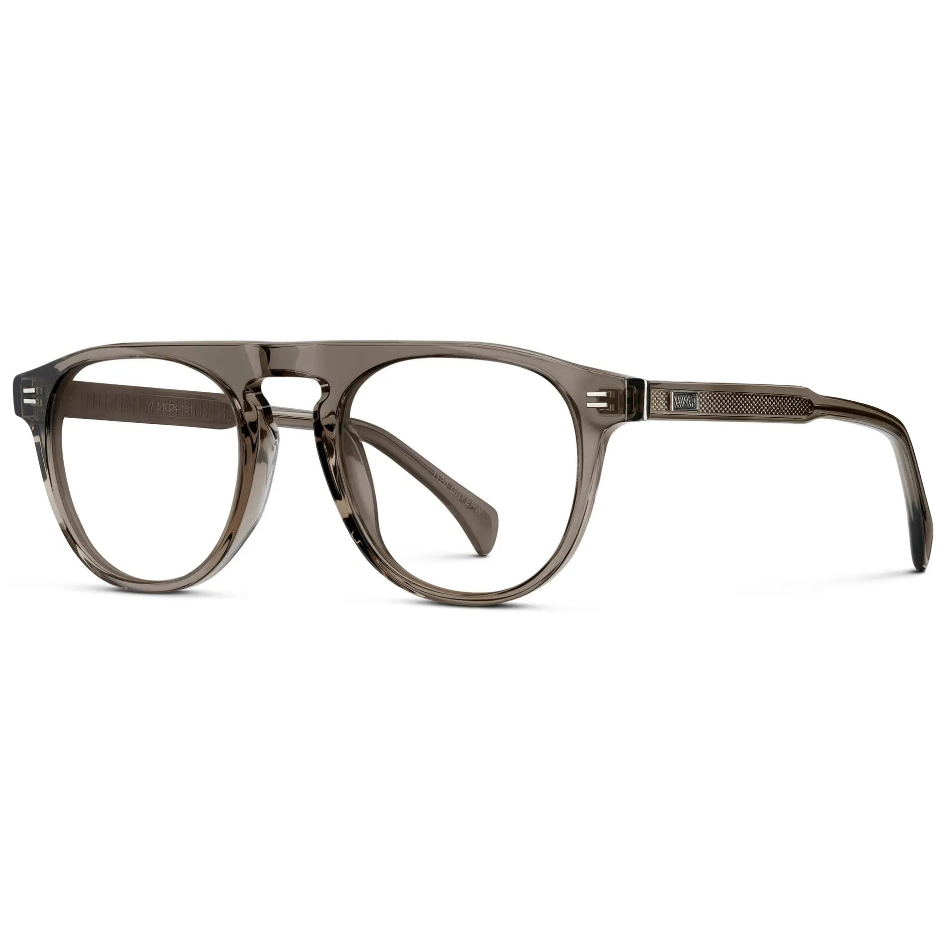 Crystal Gunmetal || Side view of Men's Rounded Aviator-Inspired Prescription Eyeglasses with Crystal Gunmetal Acetate Frame and Clear Lens on a white background