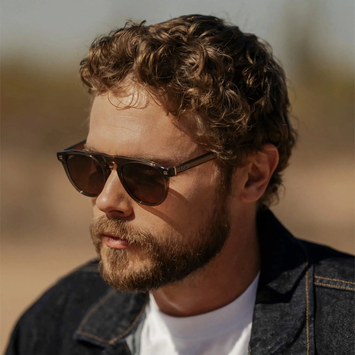 Crystal Gunmetal / Amber || Men's Rounded Aviator-Inspired Prescription Sunglasses with Crystal Gunmetal Acetate Frame and Brown Prescription Lens