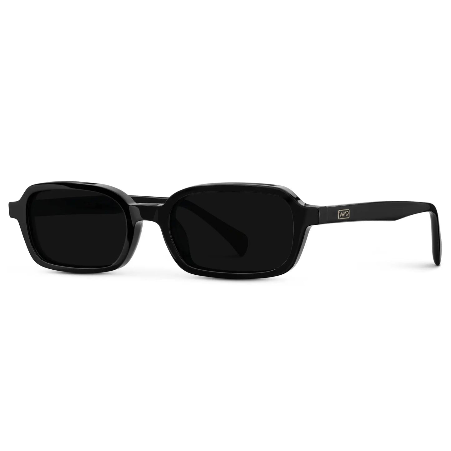 Black / Triple Black Lens || Side view of Women's Rectangular Sunglasses with Black Frame and Anti-Reflective Black Lenses on a white background