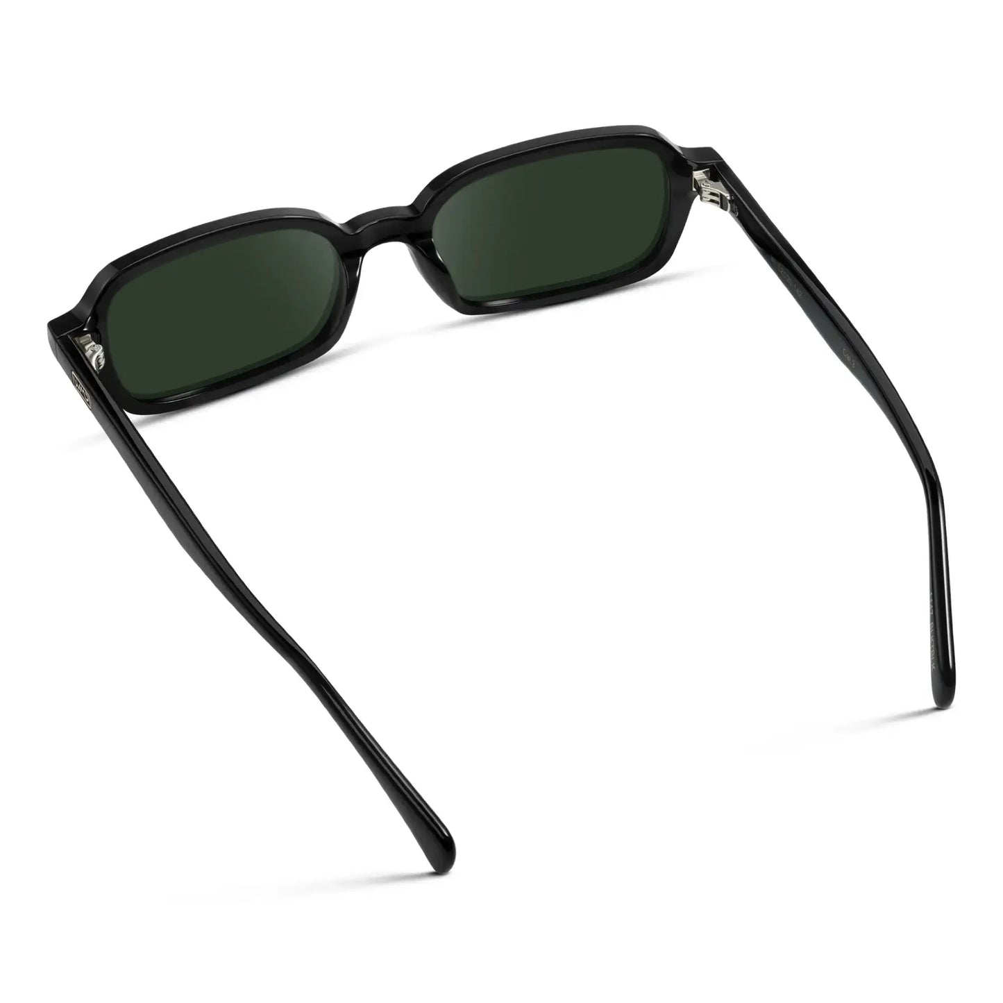 Black / G15 || Back view of Women's Rectangular Prescription Sunglasses with Black Frame and Green Lenses on a white background