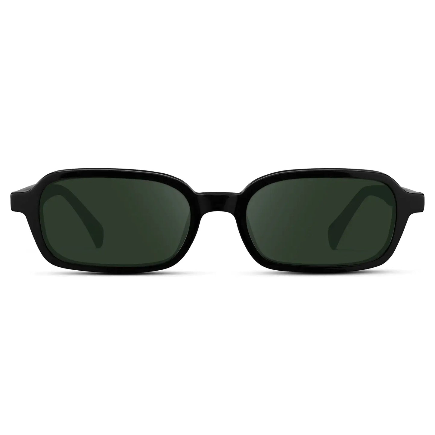 Black / G15 || Women's Rectangular Prescription Sunglasses with Black Frame and Green Lenses on a white background