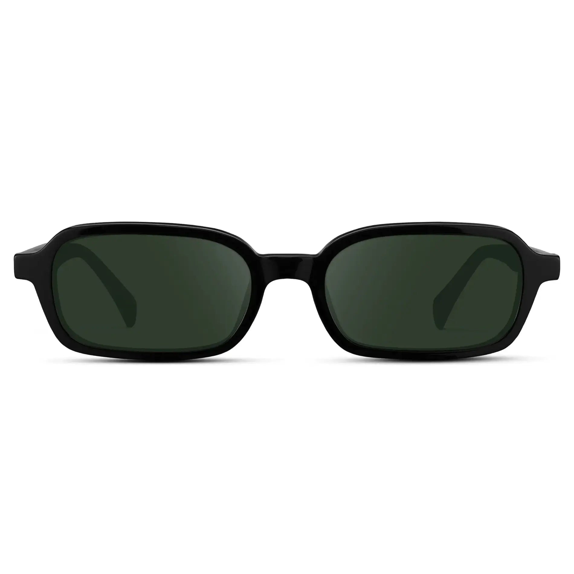 Black / G15 || Women's Rectangular Prescription Sunglasses with Black Frame and Green Lenses on a white background
