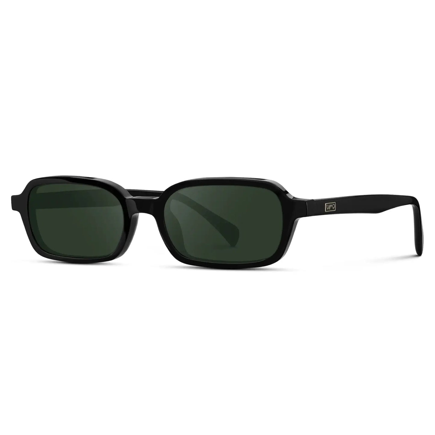 Black / G15 || Side view of Women's Rectangular Prescription Sunglasses with Black Frame and Green Lenses on a white background