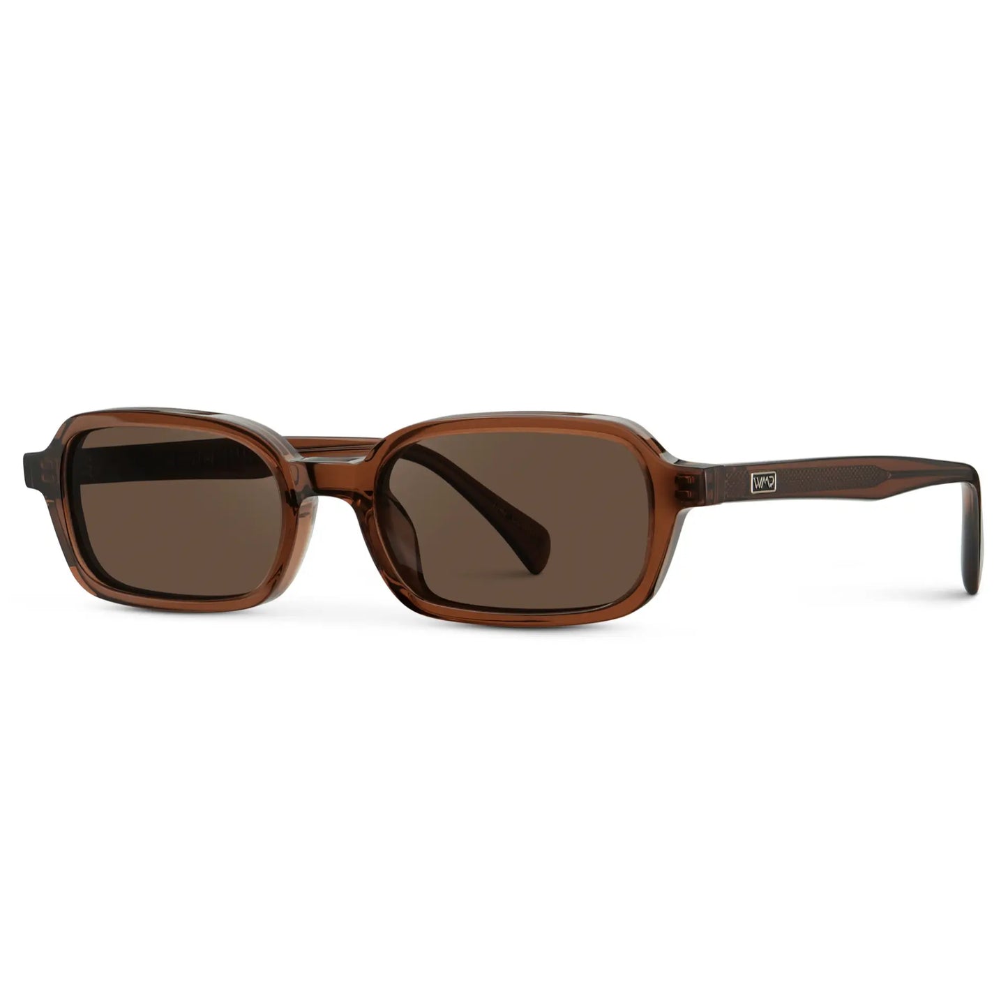 Cocoa Brown / Brown Lens || Side view of Women's Rectangular Sunglasses with Cocoa Brown Frame and Anti-Reflective Brown Lenses on a white background