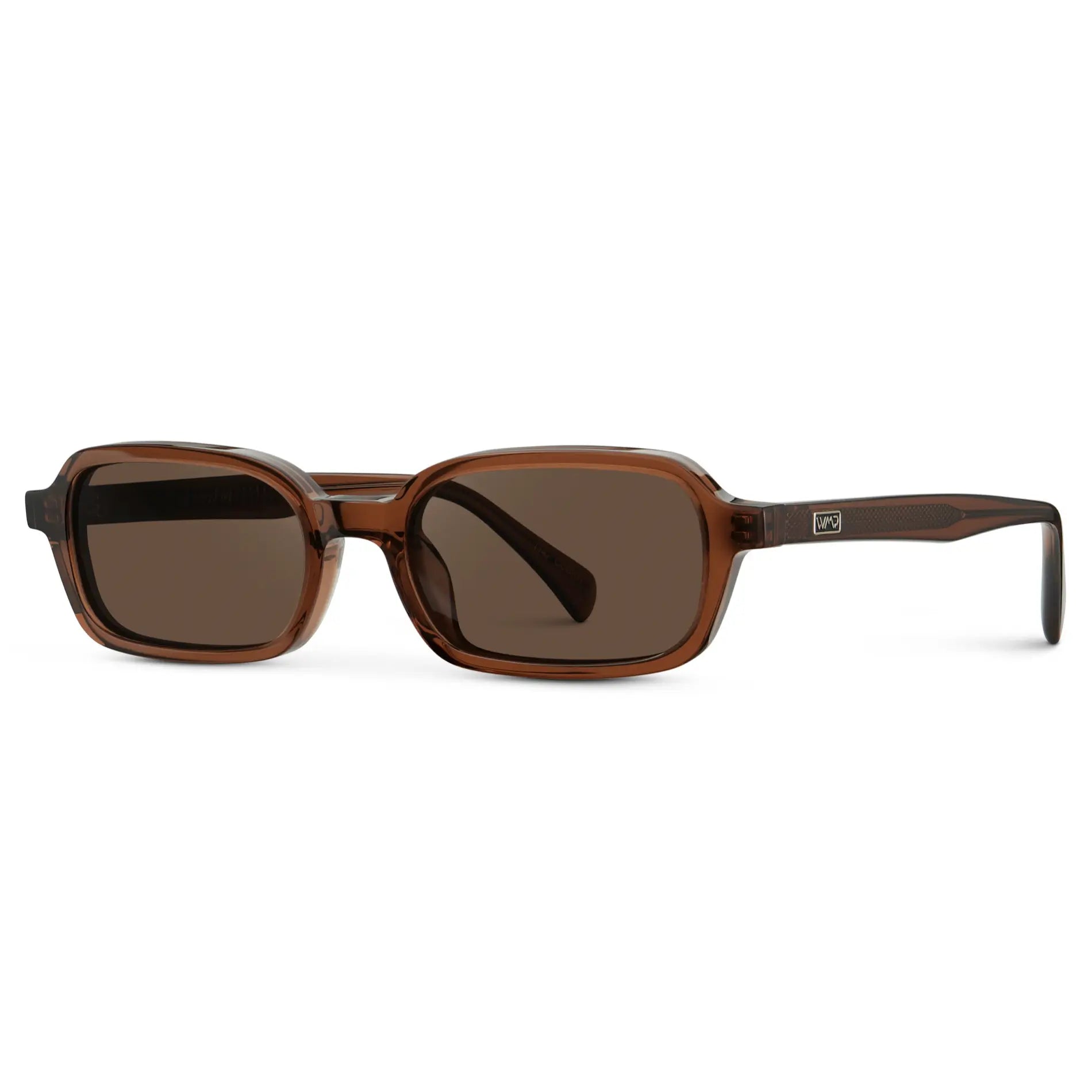 Cocoa Brown / Brown Lens || Side view of Women's Rectangular Sunglasses with Cocoa Brown Frame and Anti-Reflective Brown Lenses on a white background