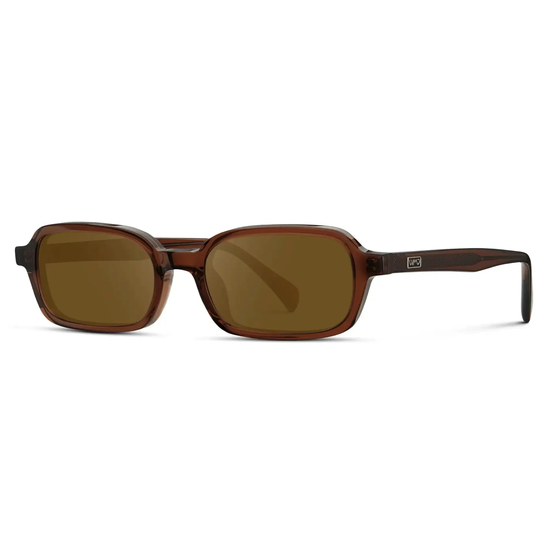 Cocoa Brown / Amber || Side view of Women's Rectangular Prescription Sunglasses with Cocoa Brown Frame and Amber Lenses on a white background