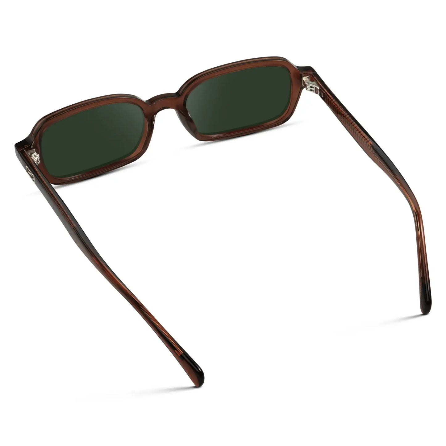 Cocoa Brown / G15 || Back view of Women's Rectangular Prescription Sunglasses with Cocoa Brown Frame and Green Lenses on a white background