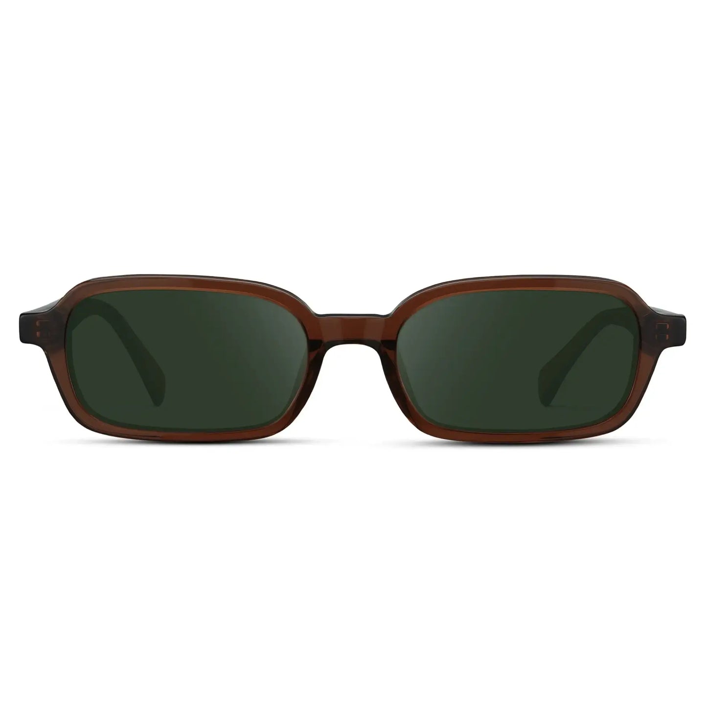 Cocoa Brown / G15 || Women's Rectangular Prescription Sunglasses with Cocoa Brown Frame and Green Lenses on a white background