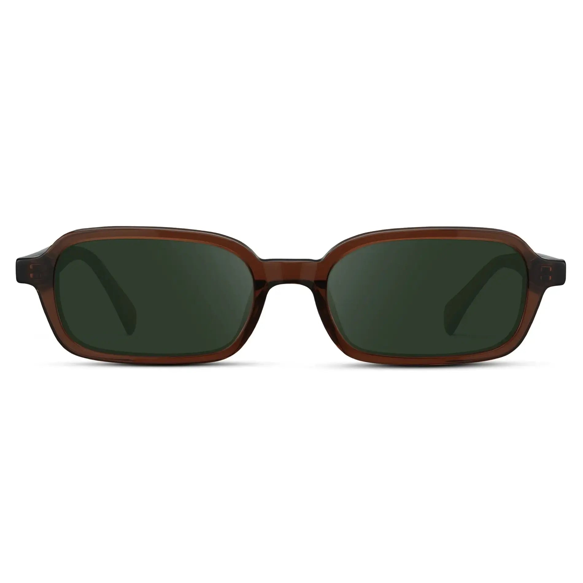 Cocoa Brown / G15 || Women's Rectangular Prescription Sunglasses with Cocoa Brown Frame and Green Lenses on a white background