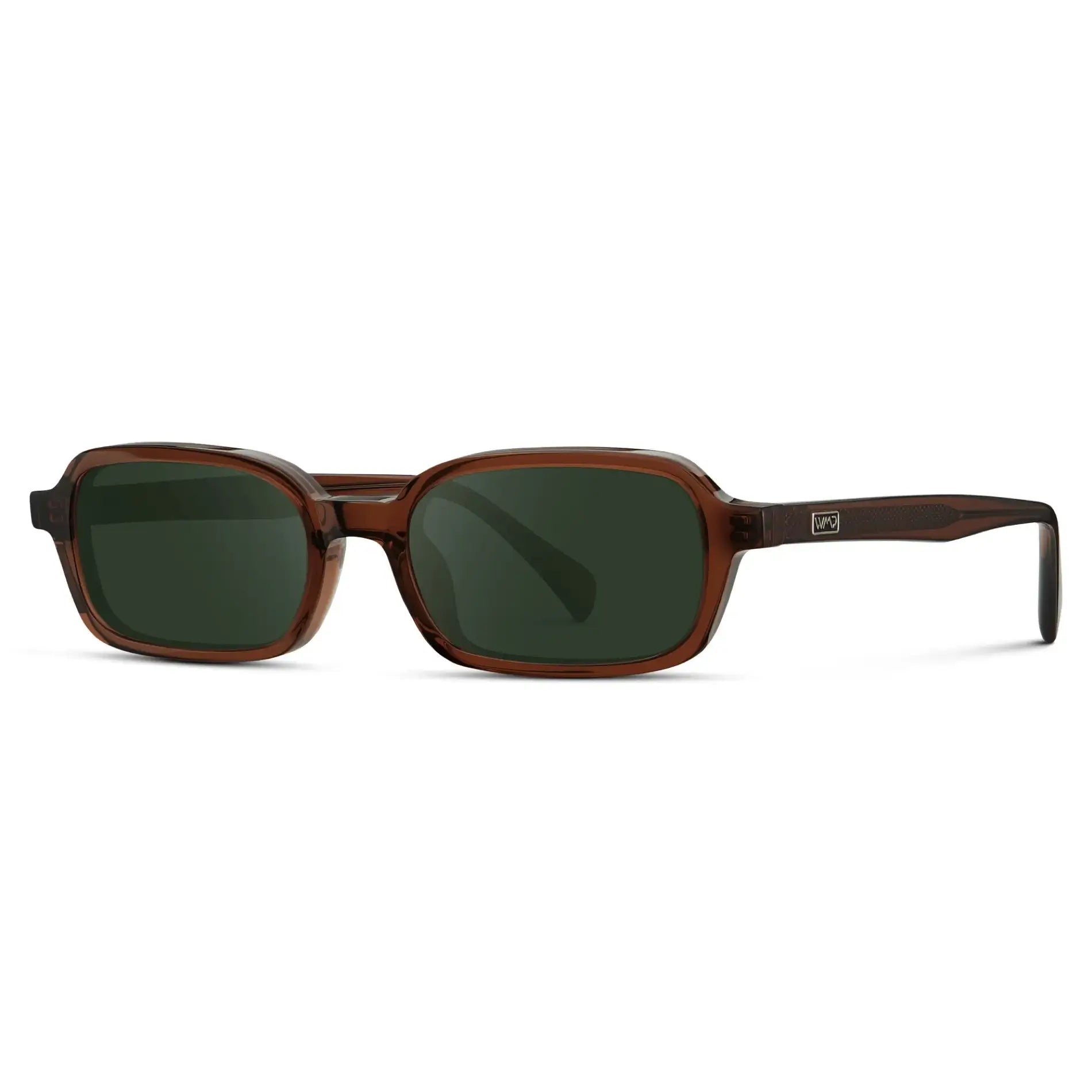 Cocoa Brown / G15 || Side view of Women's Rectangular Prescription Sunglasses with Cocoa Brown Frame and Green Lenses on a white background