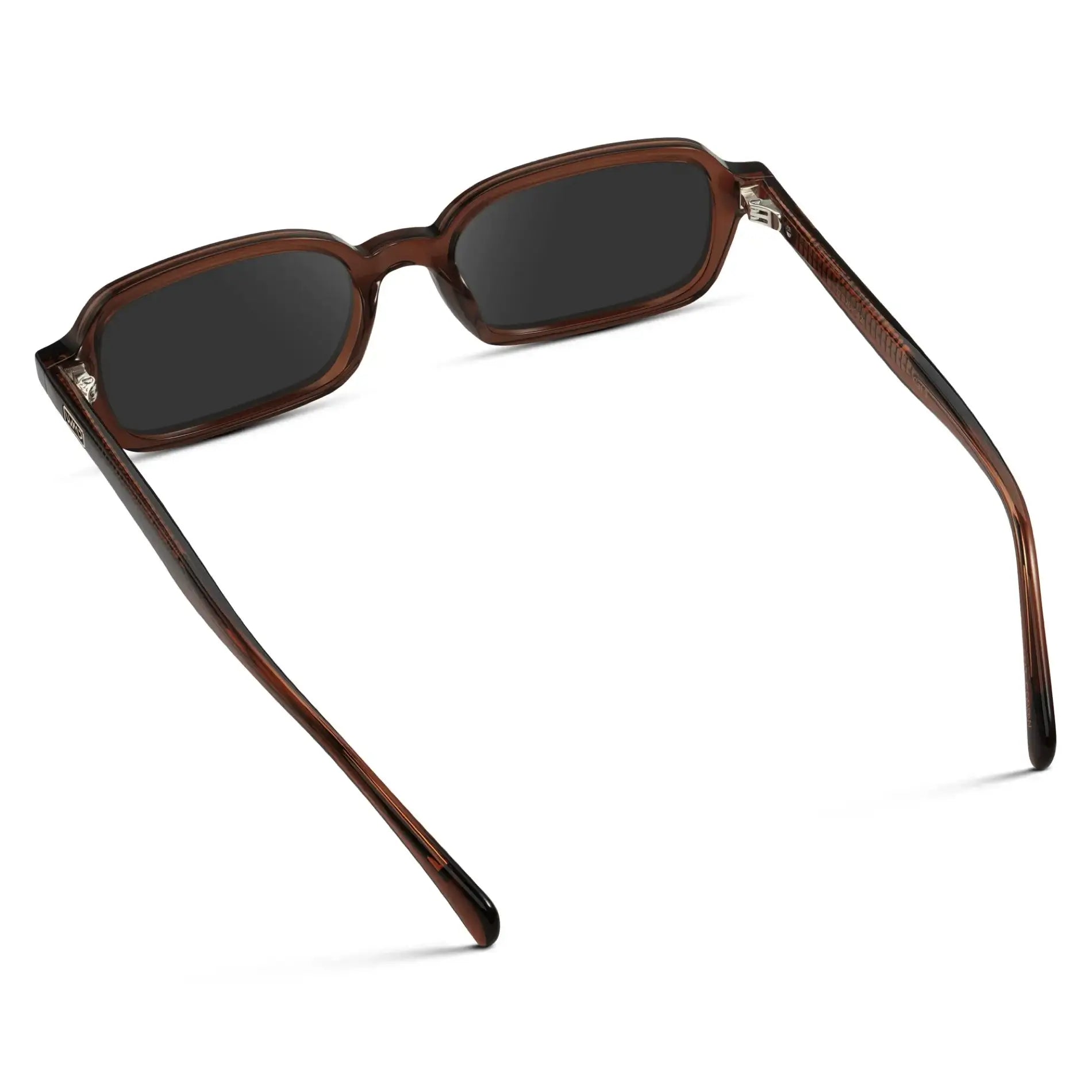 Cocoa Brown / Grey || Back view of Women's Rectangular Prescription Sunglasses with Cocoa Brown Frame and Grey Lenses on a white background