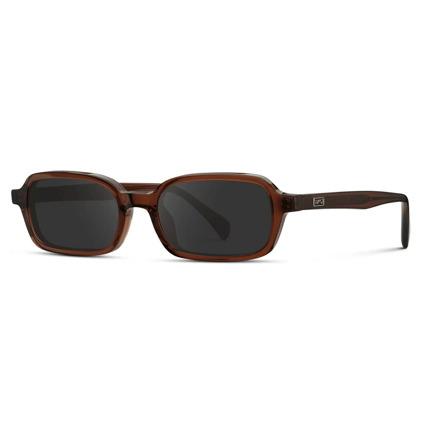 Cocoa Brown / Grey || Side view of Women's Rectangular Prescription Sunglasses with Cocoa Brown Frame and Grey Lenses on a white background