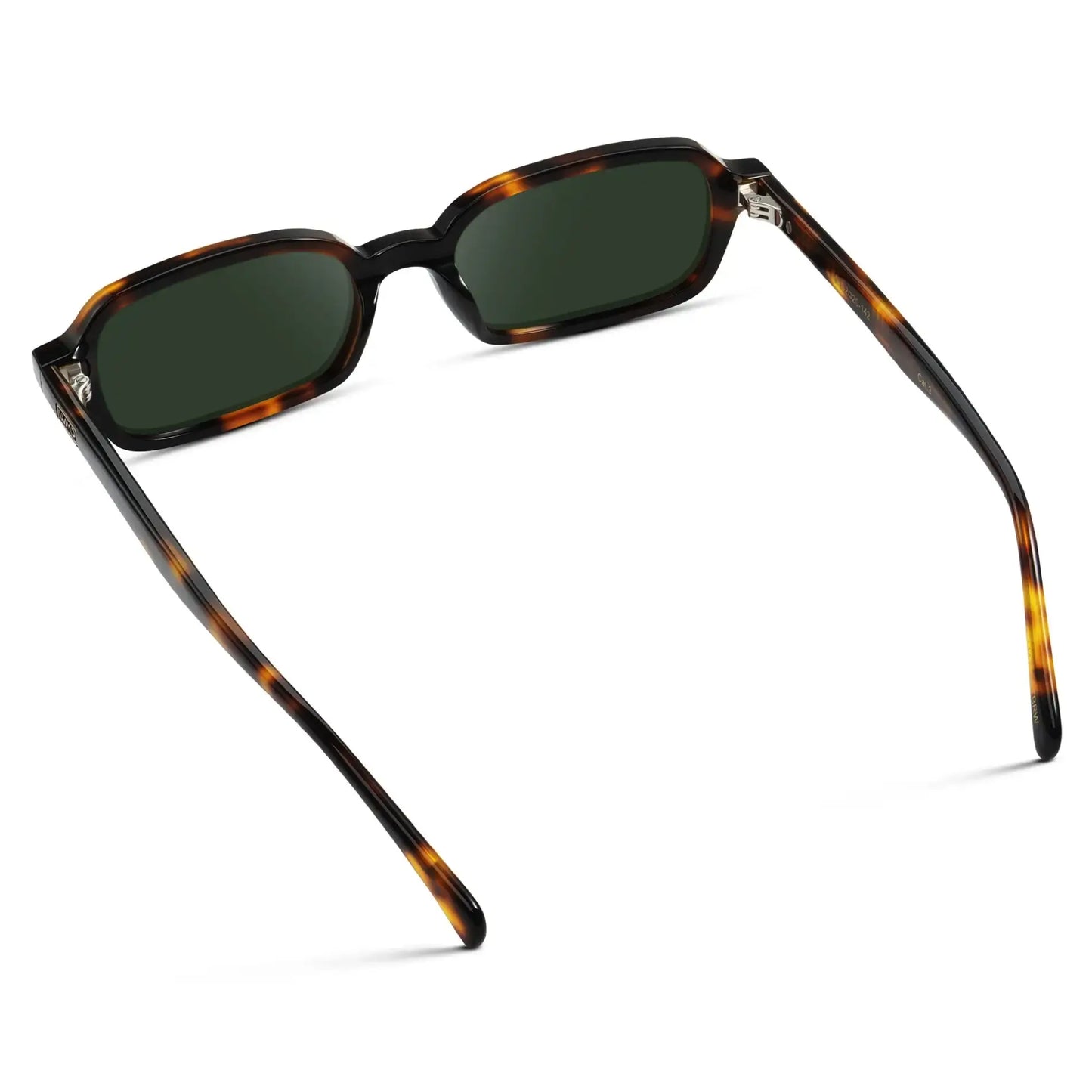 Brown Tortoise / G15 || Back view of Women's Rectangular Prescription Sunglasses with Brown Tortoise Frame and Green Lenses on a white background