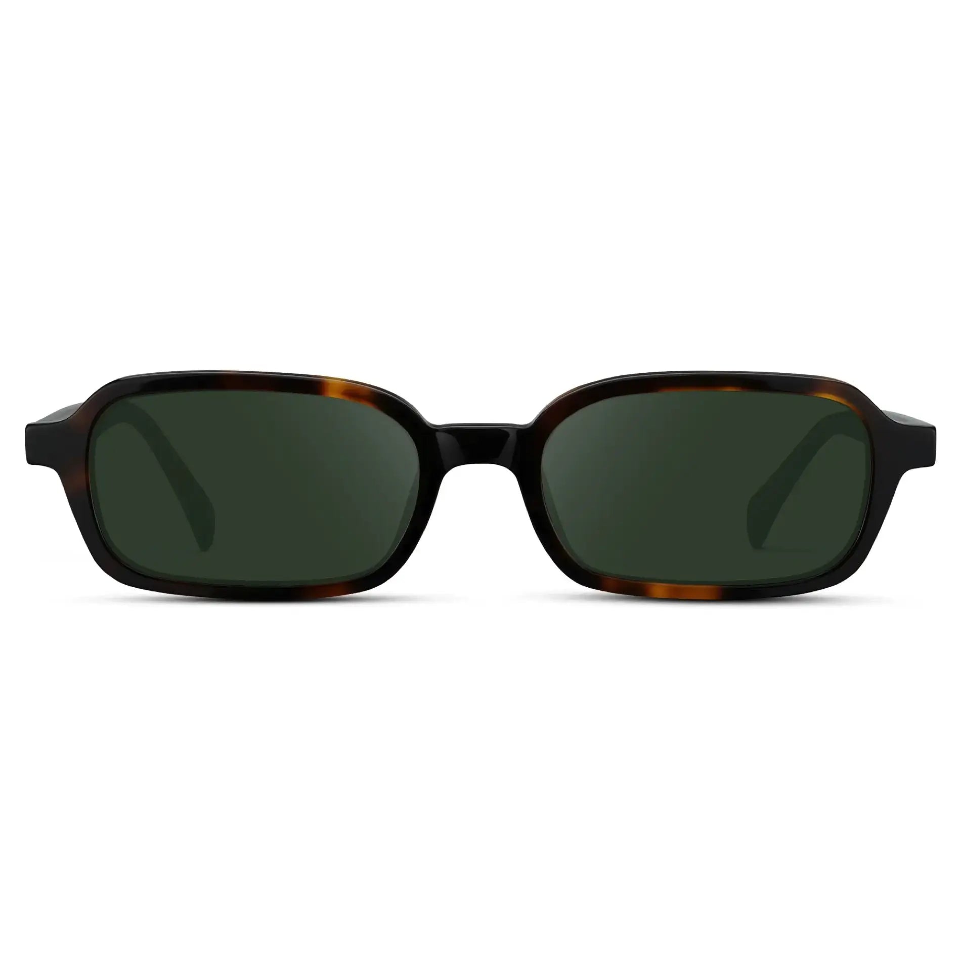 Brown Tortoise / G15 || Women's Rectangular Prescription Sunglasses with Brown Tortoise Frame and Green Lenses on a white background