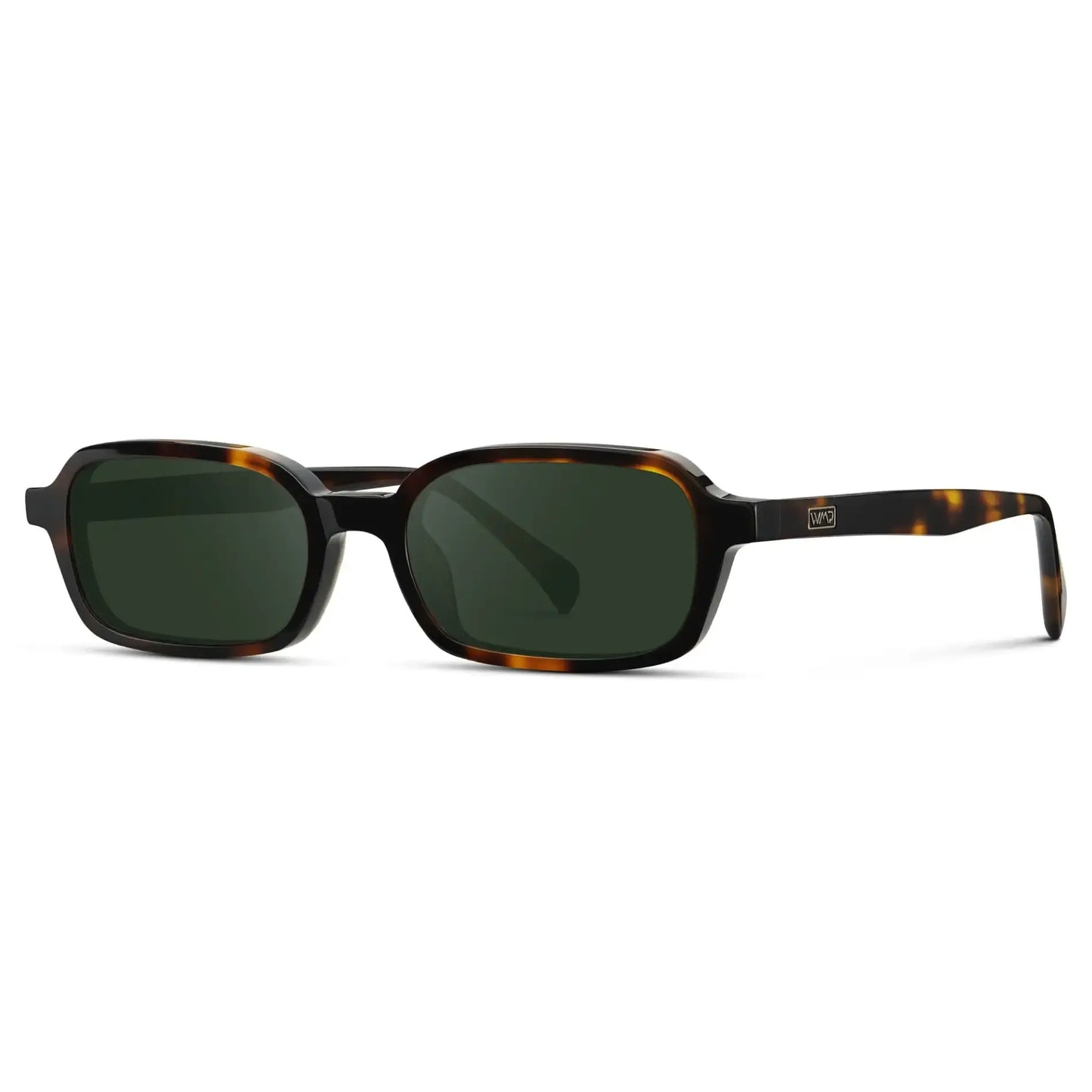 Brown Tortoise / G15 || Side view of Women's Rectangular Prescription Sunglasses with Brown Tortoise Frame and Green Lenses on a white background