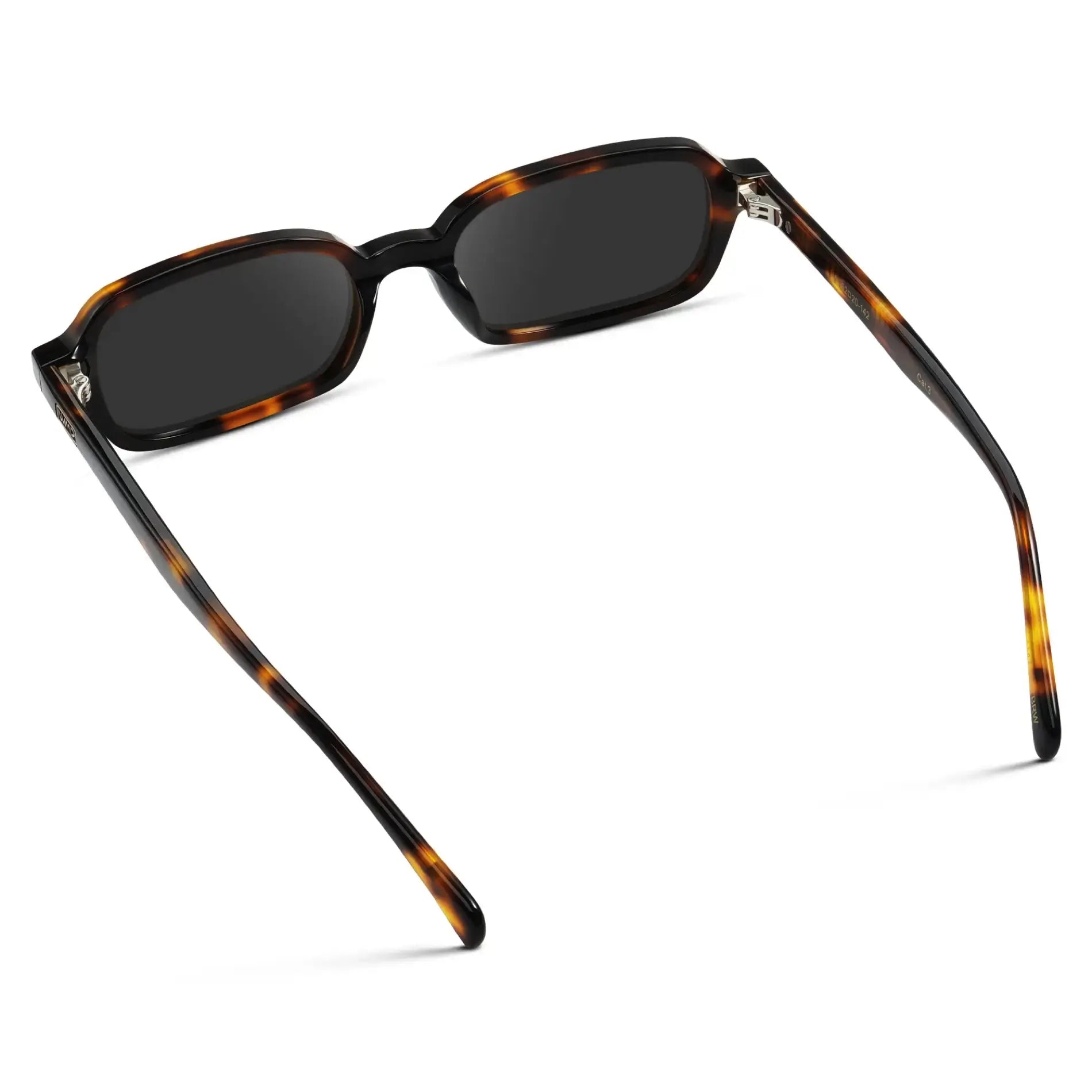Brown Tortoise / Grey || Back view of Women's Rectangular Prescription Sunglasses with Brown Tortoise Frame and Grey Lenses on a white background