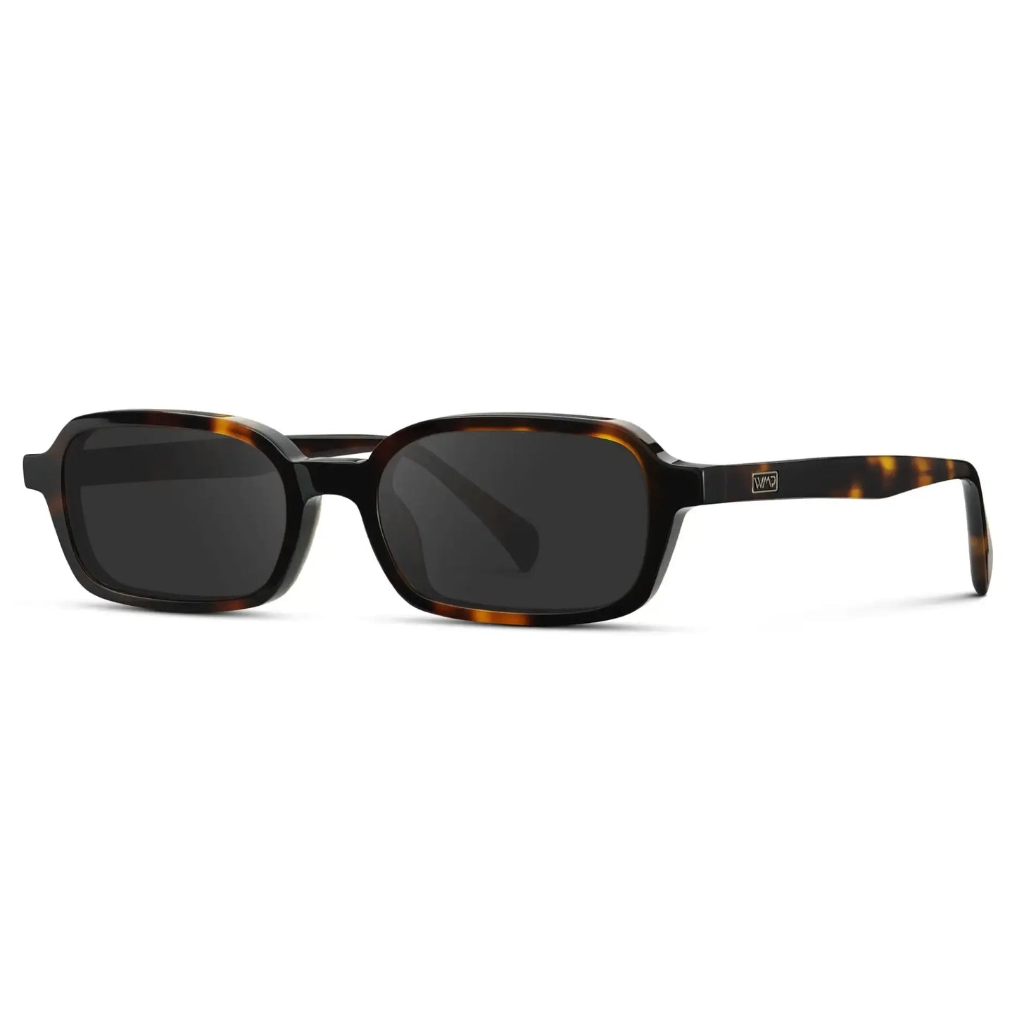 Brown Tortoise / Grey || Side view of Women's Rectangular Prescription Sunglasses with Brown Tortoise Frame and Grey Lenses on a white background