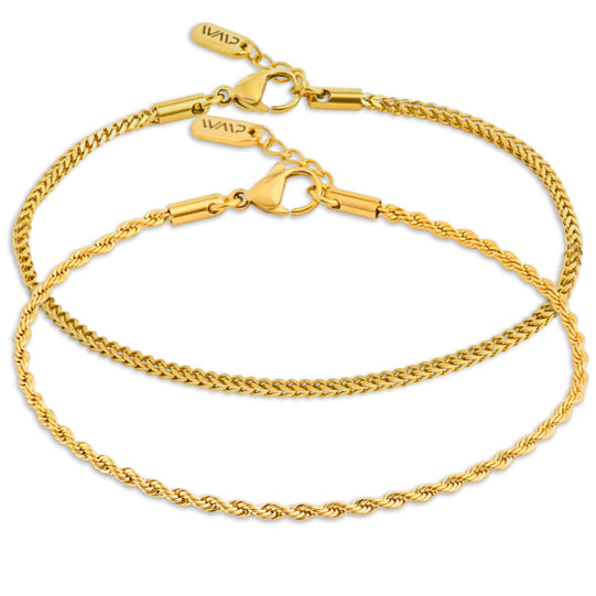Gold || 14K Gold Plated Men's Adjustable Bracelet Bundle with Twisted Rope and Fox Tail Chain