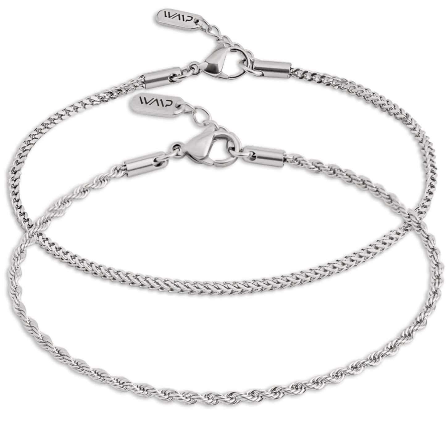 Silver || Silver Stainless Steel Men's Adjustable Bracelet Bundle with Twisted Rope and Fox Tail Chain