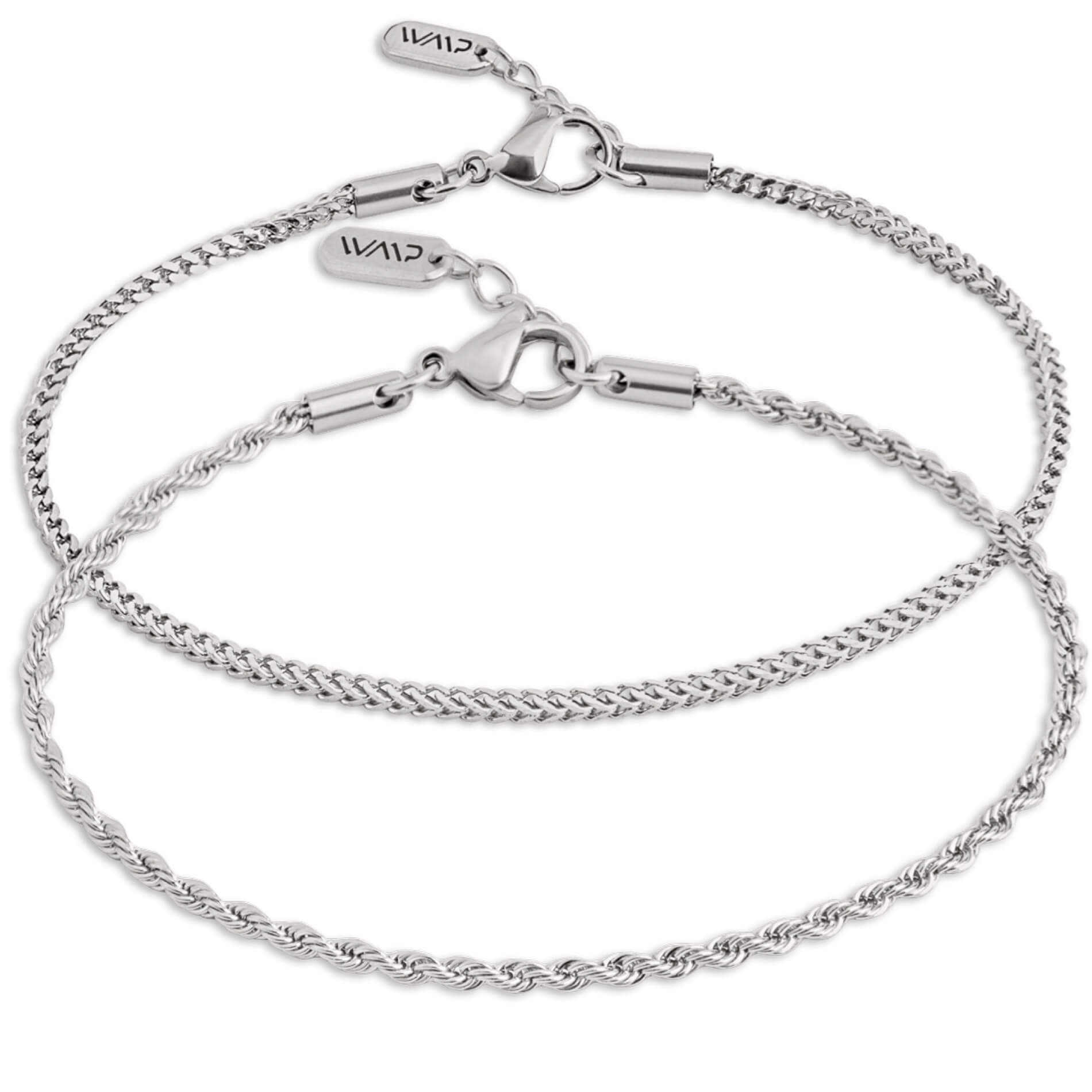 Silver || Silver Stainless Steel Men's Adjustable Bracelet Bundle with Twisted Rope and Fox Tail Chain