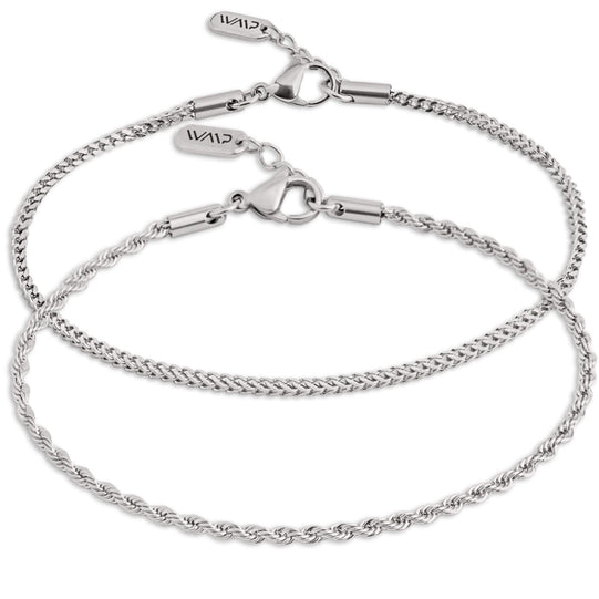 Silver || Silver Stainless Steel Men's Adjustable Bracelet Bundle with Twisted Rope and Fox Tail Chain