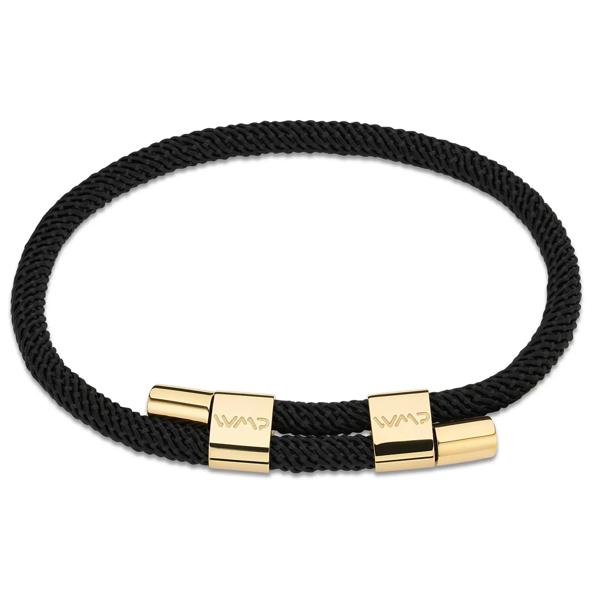 Onyx Black / Gold || 14K Gold Plated Bracelet Set with Black Rope Detail for Men on a white background