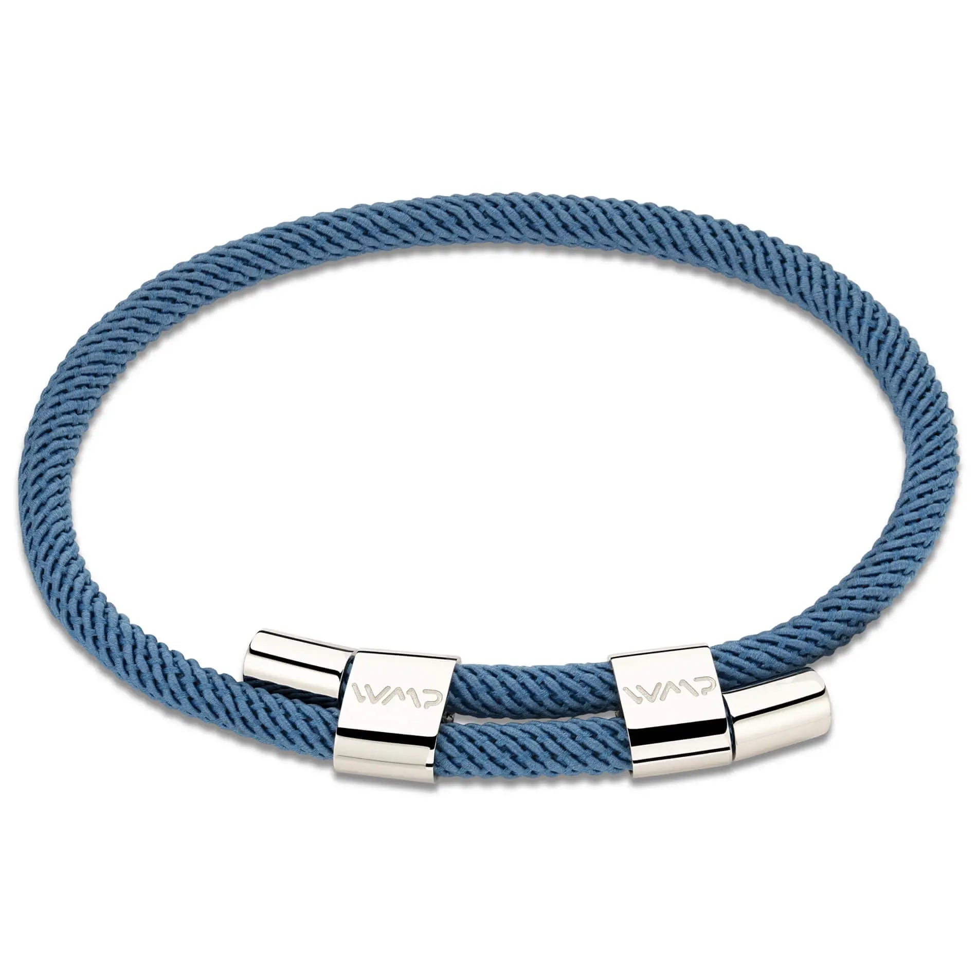 Denim Blue / Silver || Silver Stainless Steel Bracelet Set with Blue Rope Detail for Men on a white background