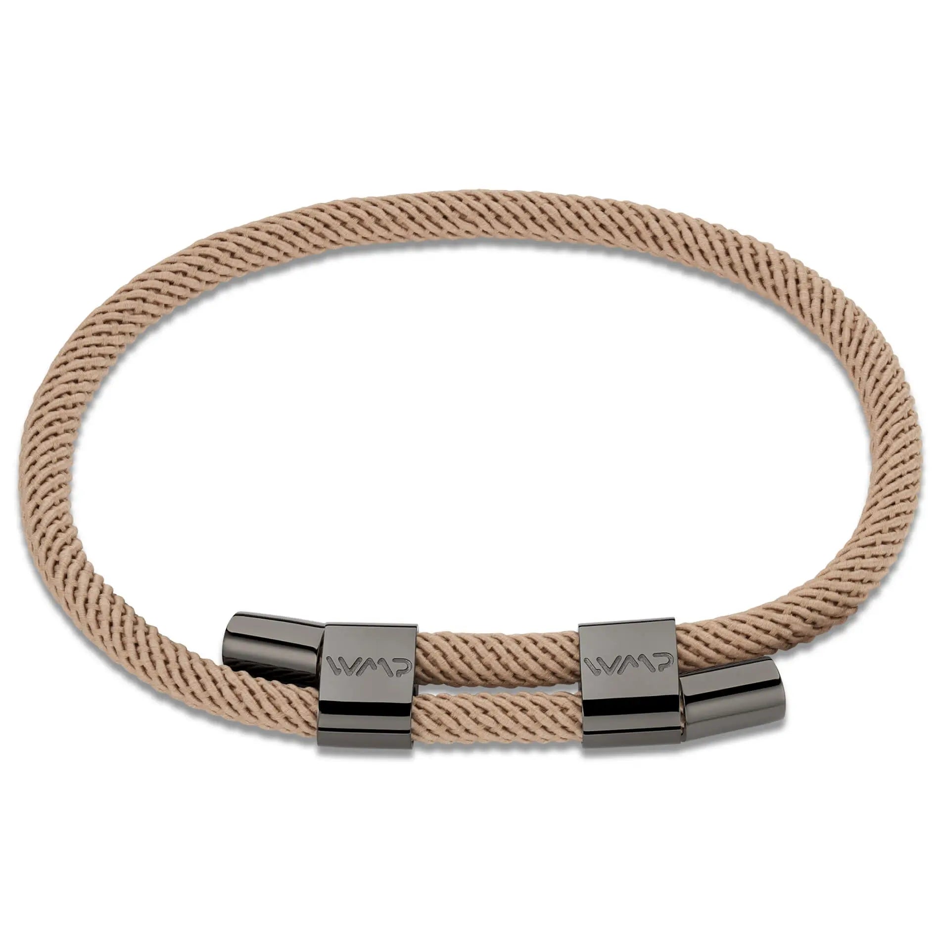 Sand / Gunmetal || Gunmetal Stainless Steel Bracelet Set with Beige Rope Detail for Men on a white background