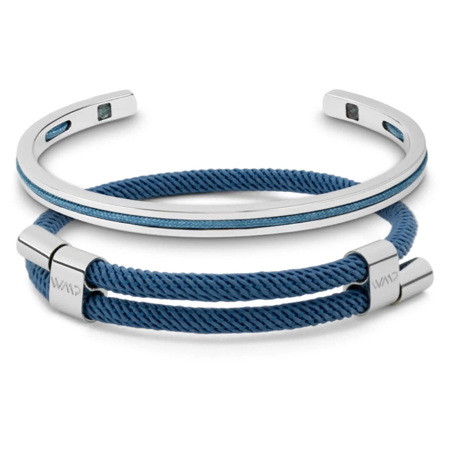 Denim Blue / Silver || Men's Adjustable Bracelet Set with Silver and Blue Details on a white background