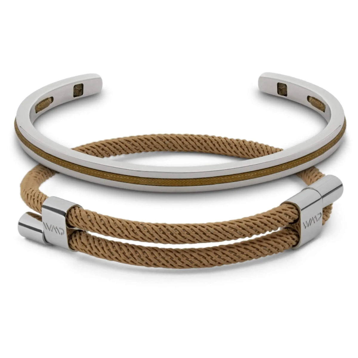Desert Tan / Silver || Men's Adjustable Bracelet Set with Silver and Brown Details on a white background