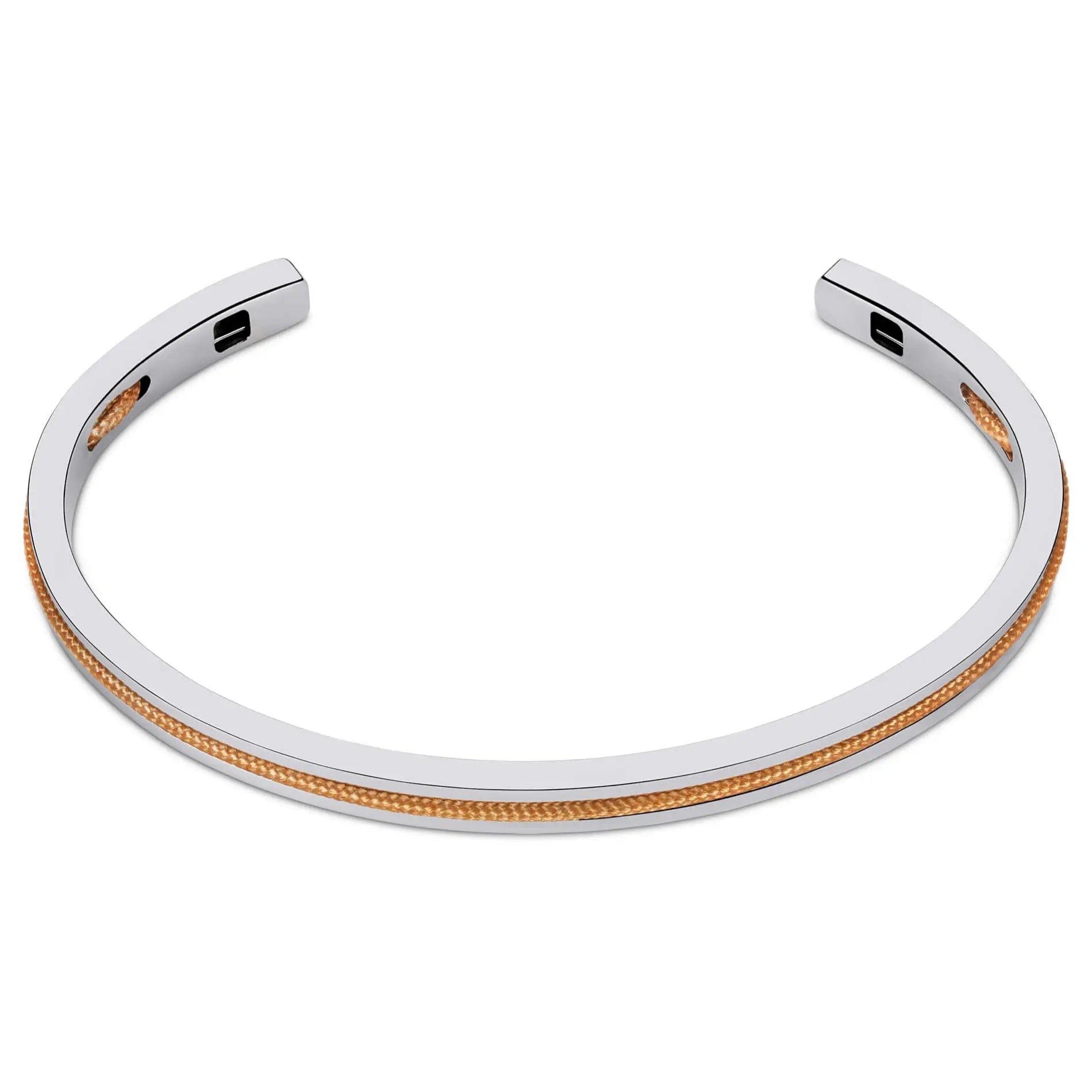 Desert Tan / Silver || Silver and Brown Adjustable Bracelet Set for Men on a white background