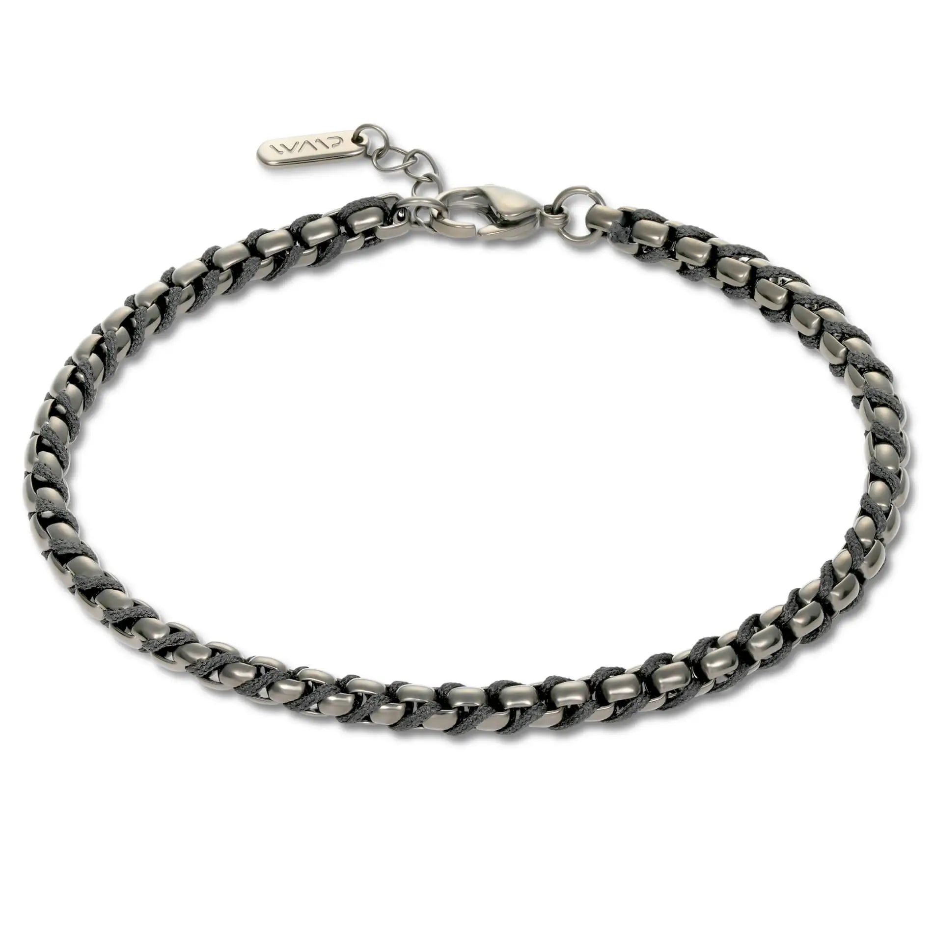 Gun Metal / Black Rope || Minimal Gunmetal Chain Bracelet with Black Woven Rope.