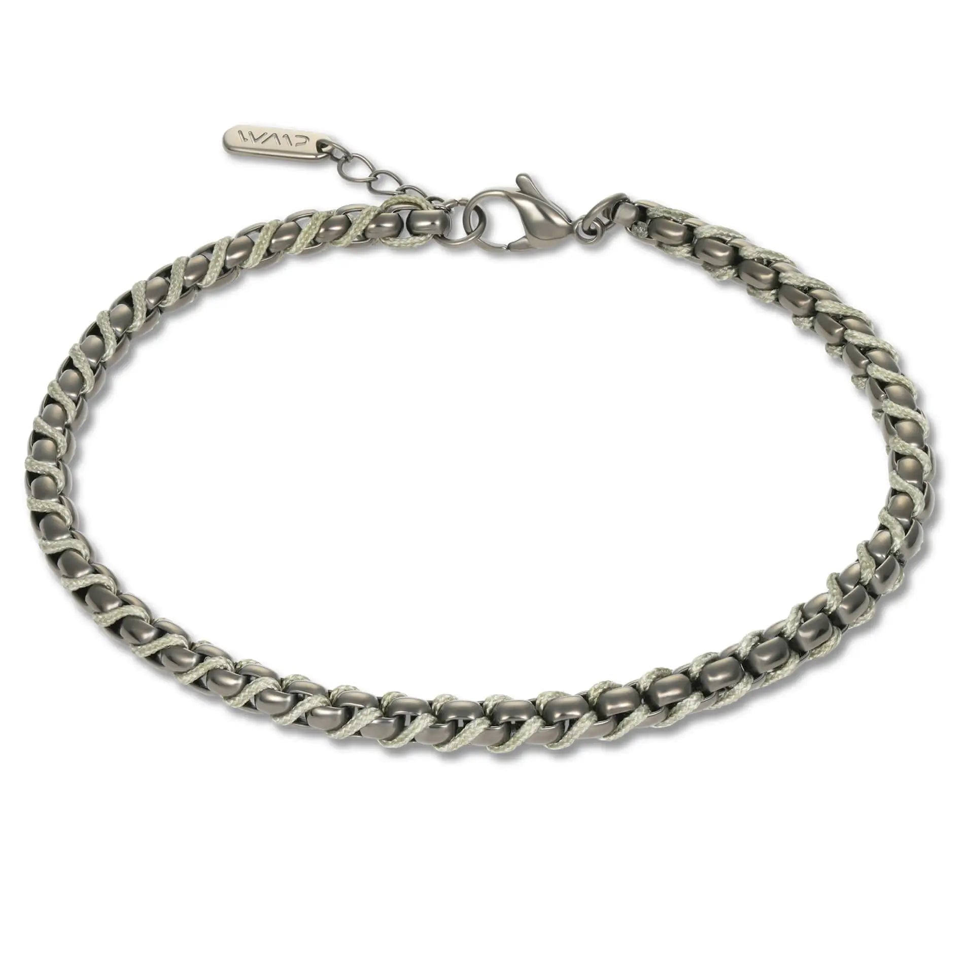 Gun Metal / Olive Green Rope || Minimal Gunmetal Chain Bracelet with Green Woven Rope.
