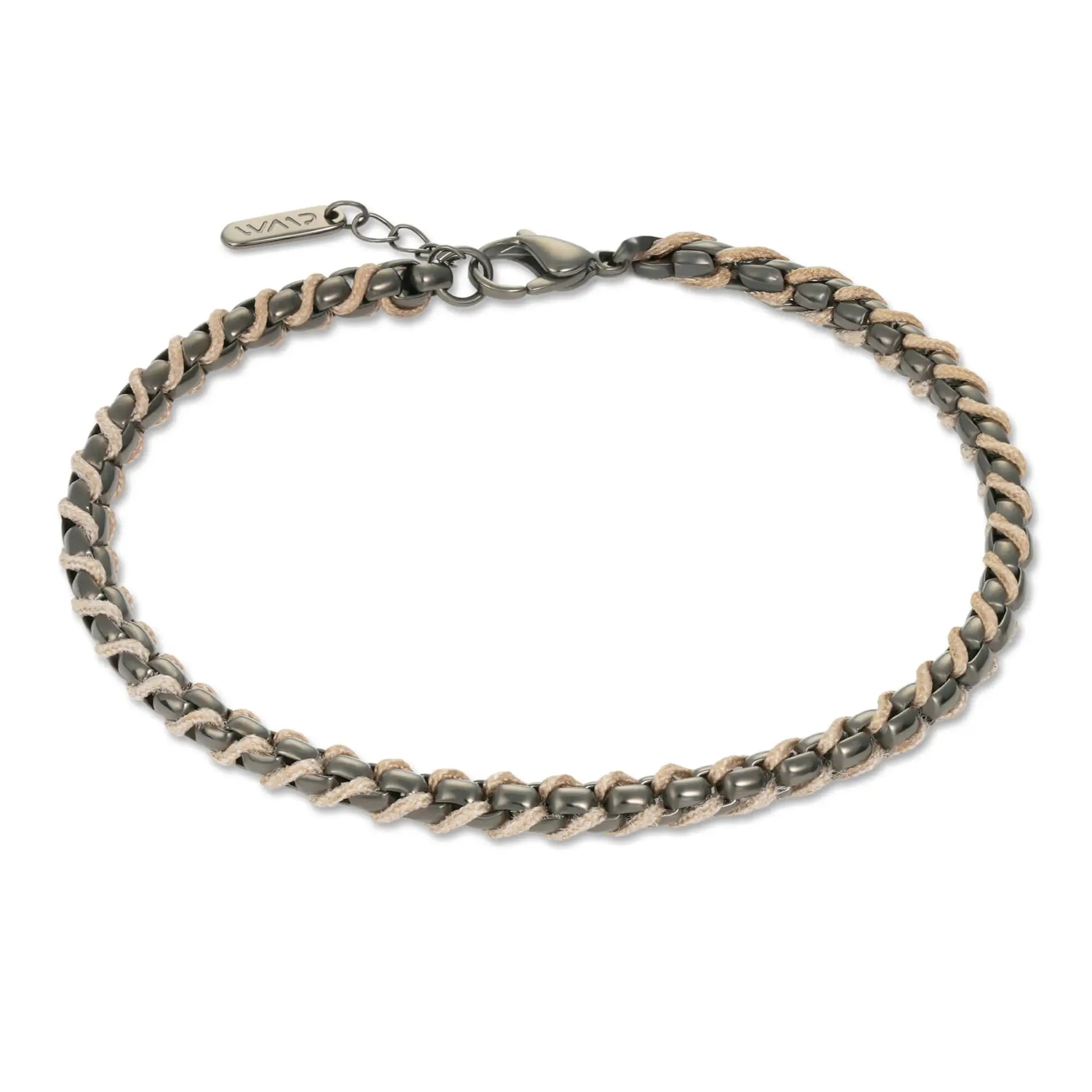 Gunmetal / Sand Rope || Men's Cuff and Twisted Chain Bracelet Combination Set in Gunmetal and Sand on a white background 