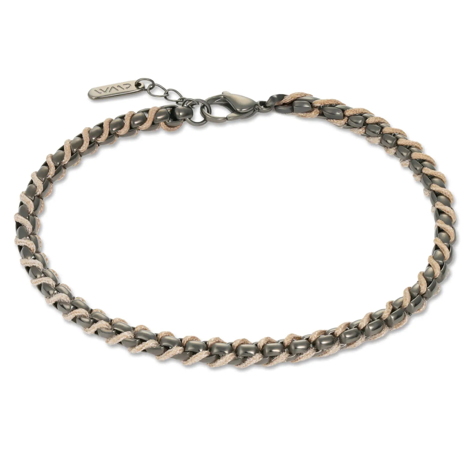 Gun Metal / Sand Rope || Minimal Gunmetal Chain Bracelet with Brown Woven Rope.