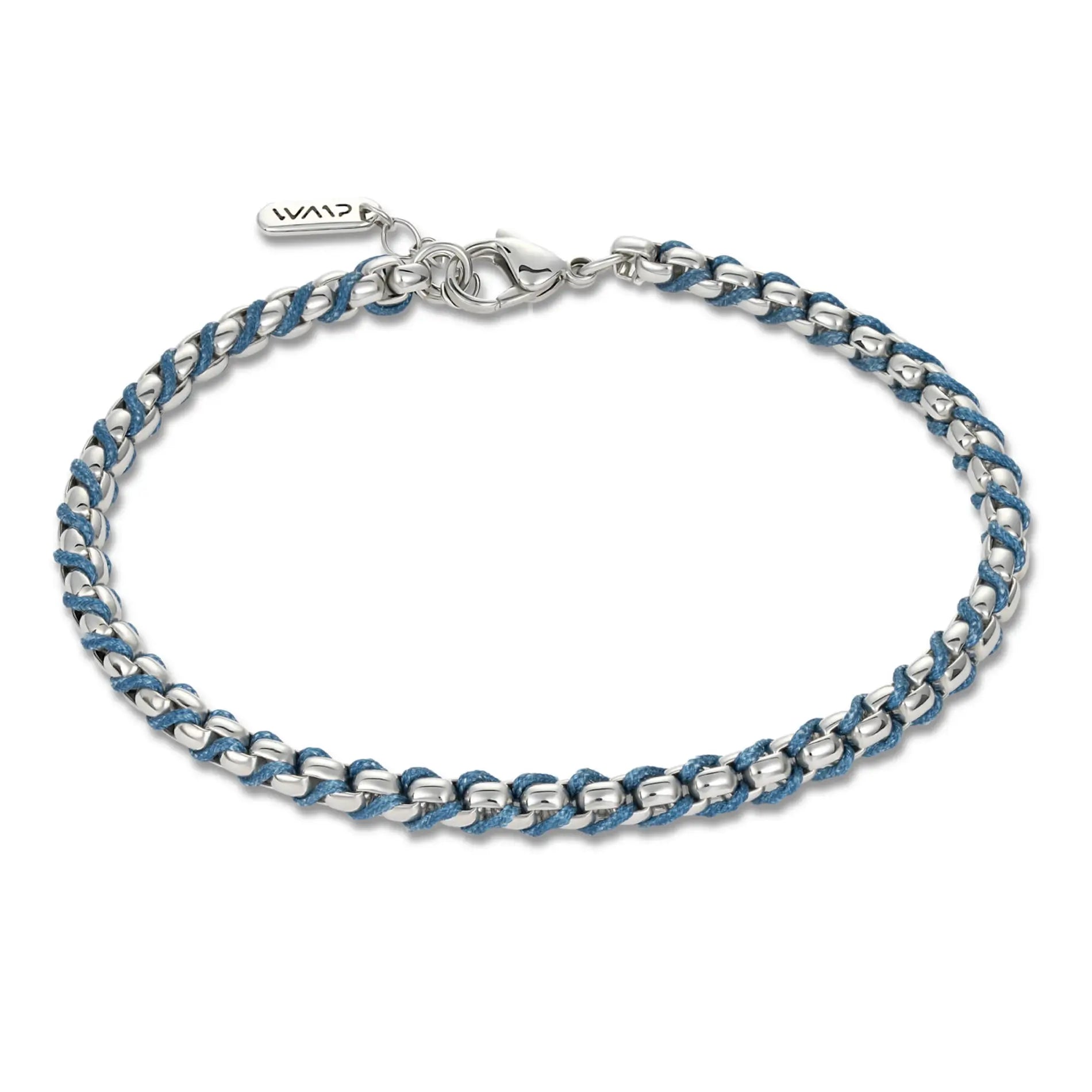 Silver / Blue || Men's Cuff and Twisted Chain Bracelet Combination Set in Silver and Navy Blue on a white background 